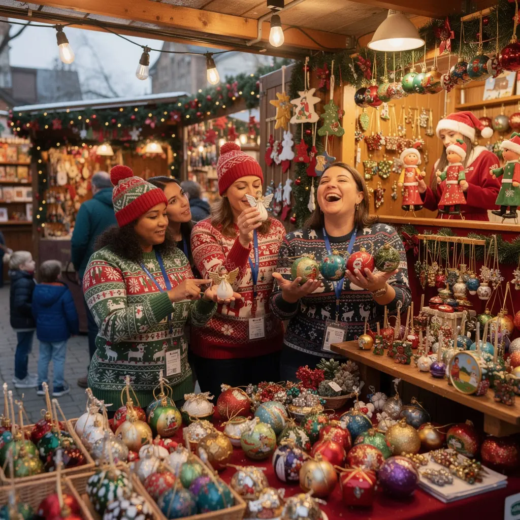 Ein festlich geschmückter Weihnachtsmarkt mit leuchtenden Lichtern und bunten Ständen.