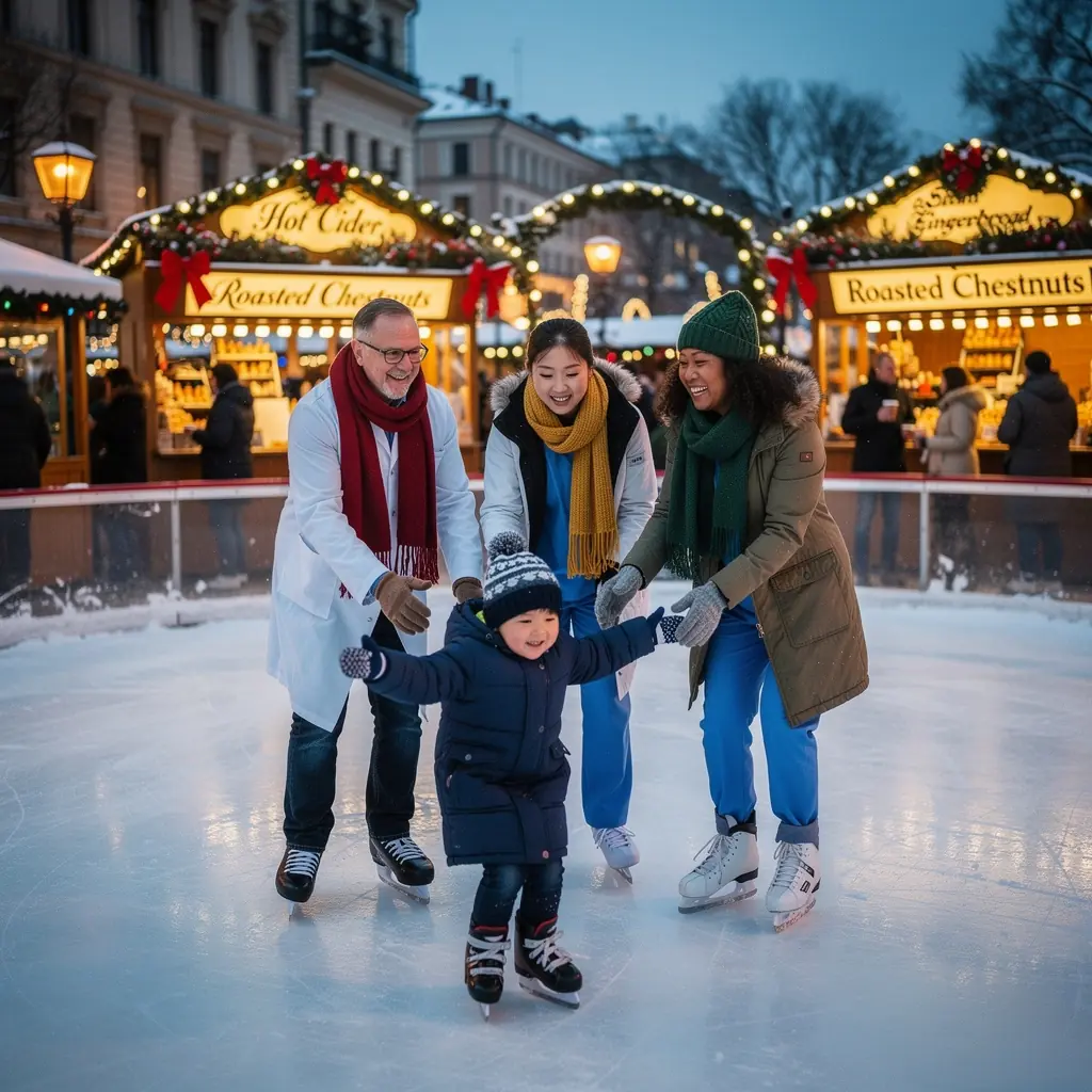 Besucher genießen heiße Schokolade und frisch gebrannte Mandeln an einem kalten Winterabend.