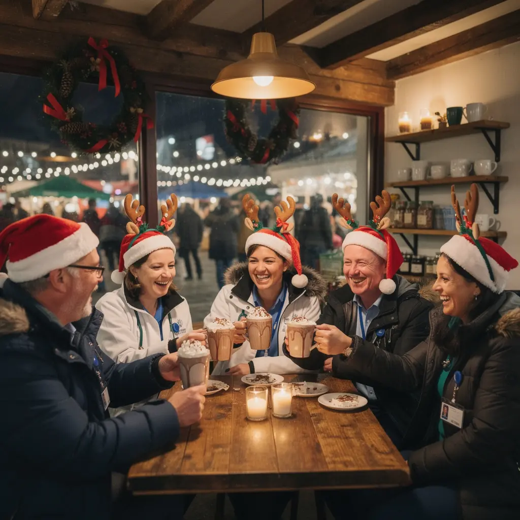 Eine Gruppe von Sängern führt Weihnachtslieder auf, während Passanten begeistert zuhören.